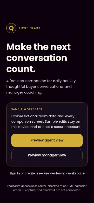FIRST CLASS Companion app sign-in screen